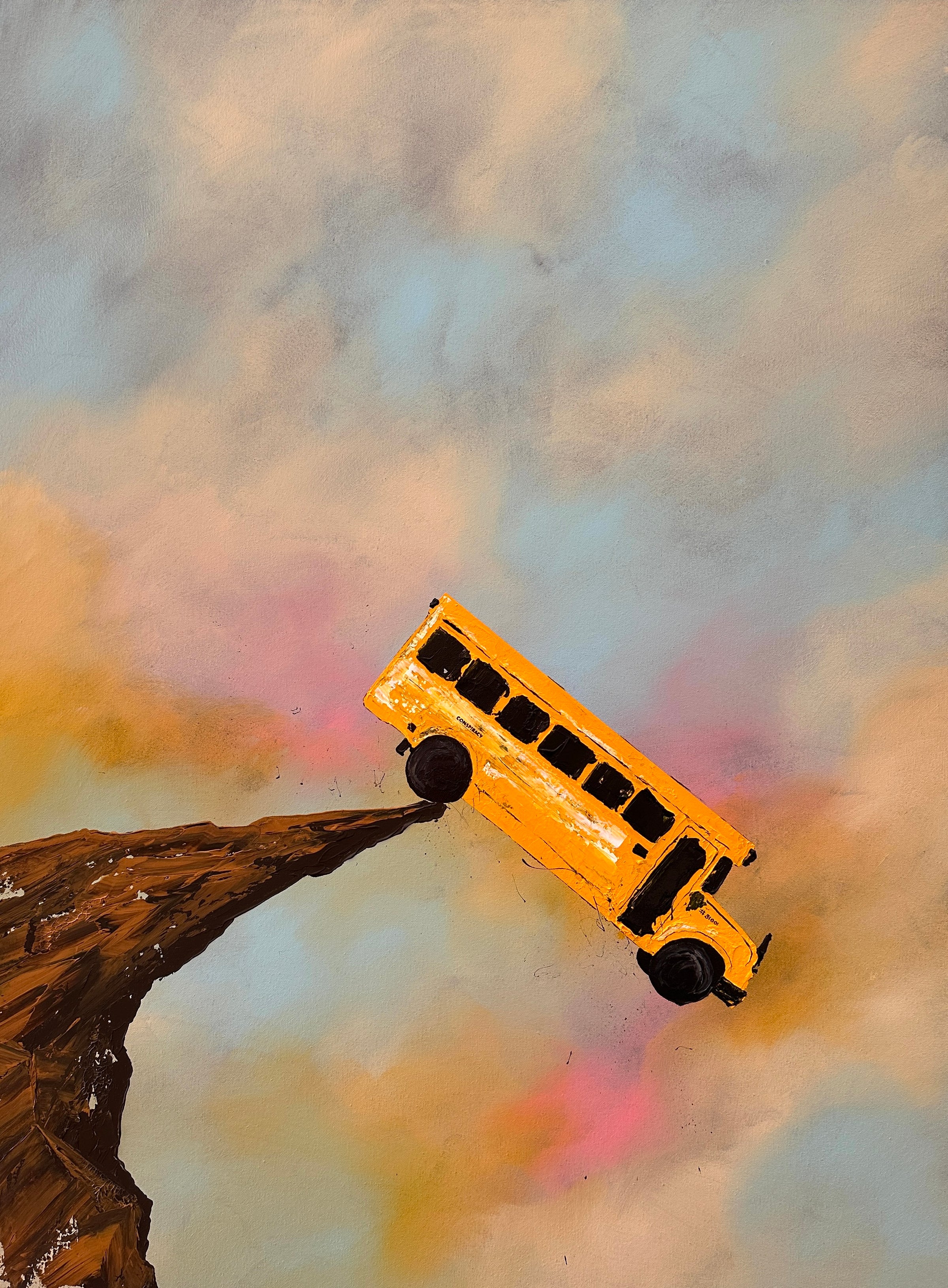 Bus Falling Off Railing Book When you realize no one is actually driving the bus 30x40 β Invadergirl Art