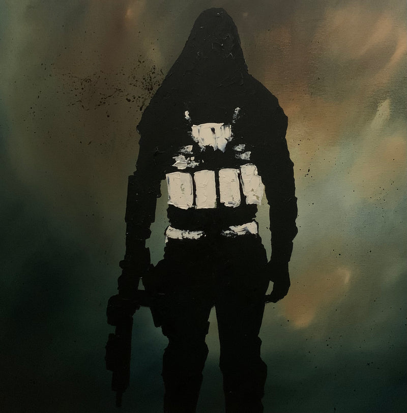 War art, modern art, fine art. Warrior in kit with rifle. Surreal art. 